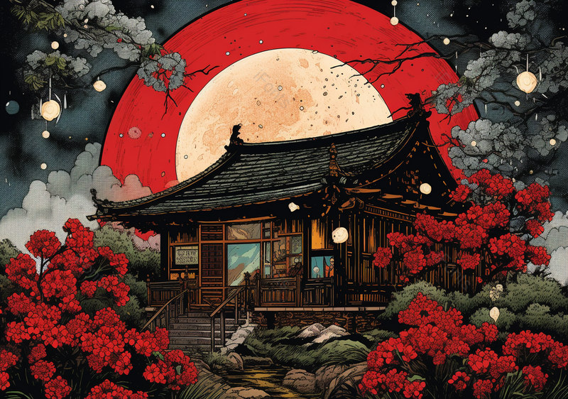 夜间月亮下林间小木屋古建筑国潮节日背景插画,插画/手绘图,插画/手绘图库,插画/手绘图下载,插画/手绘